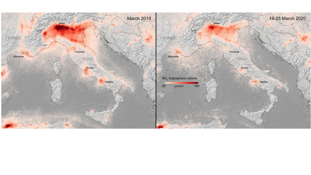 Nitrogen dioxide concentrations over Italy from 14 to 25 March 2020, compared to the monthly average concentrations from 2019.